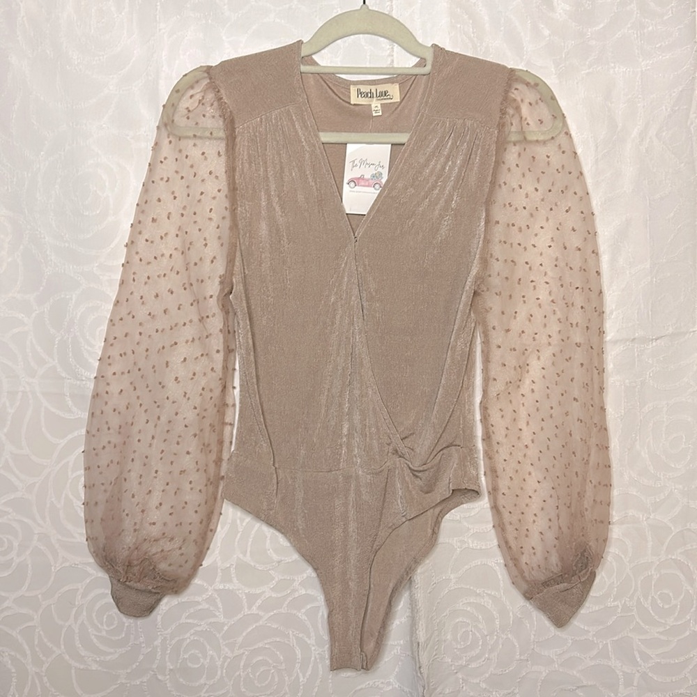Peach Love California Sheer Dot Puff Sleeve Bodysuit in Blush